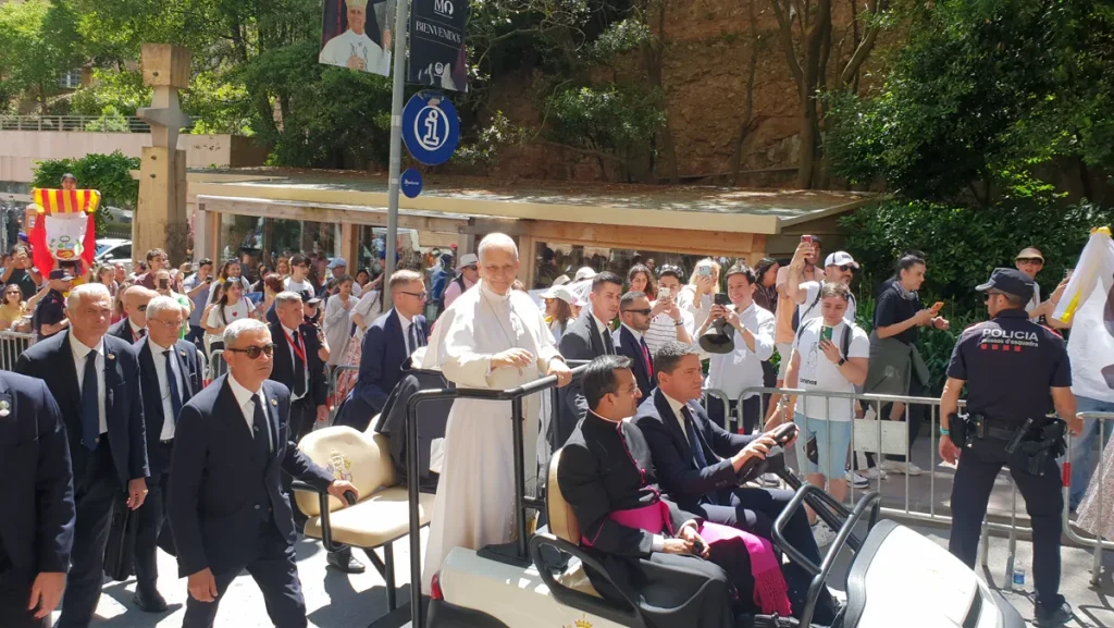 Pope Leo XIV blessing the crowd during a June 2026 visit to Montserrat