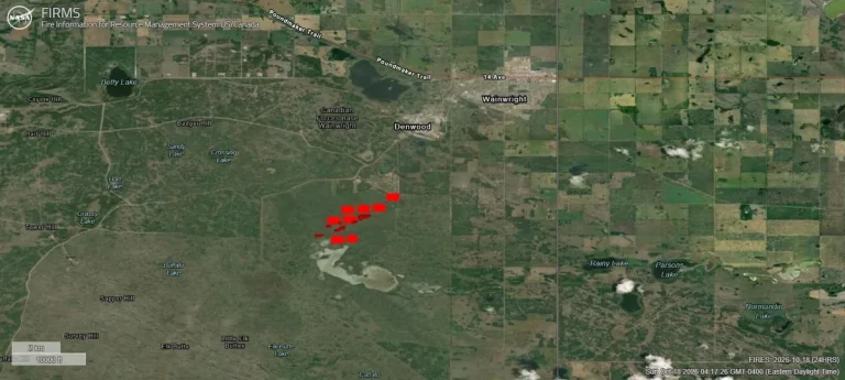 NASA FIRMS satellite map showing the Wainwright fire in Alberta, Canada