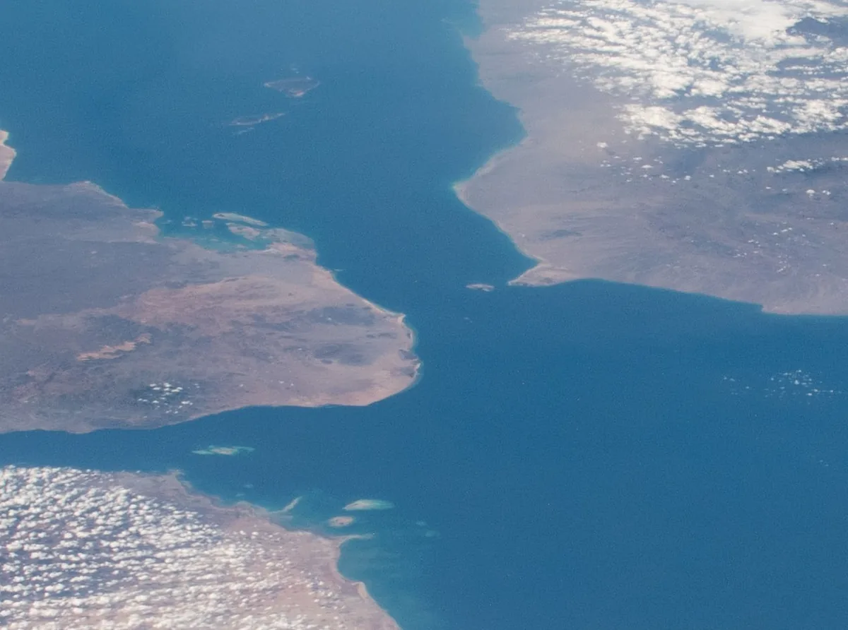 Satellite view of the Bab el-Mandeb strait between the Red Sea and the Gulf of Aden, photographed from the International Space Station
