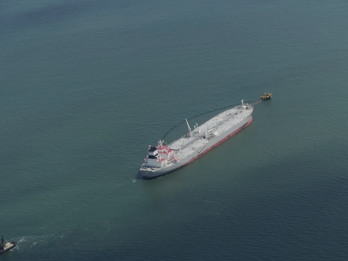 A crude oil tanker at sea, aerial view