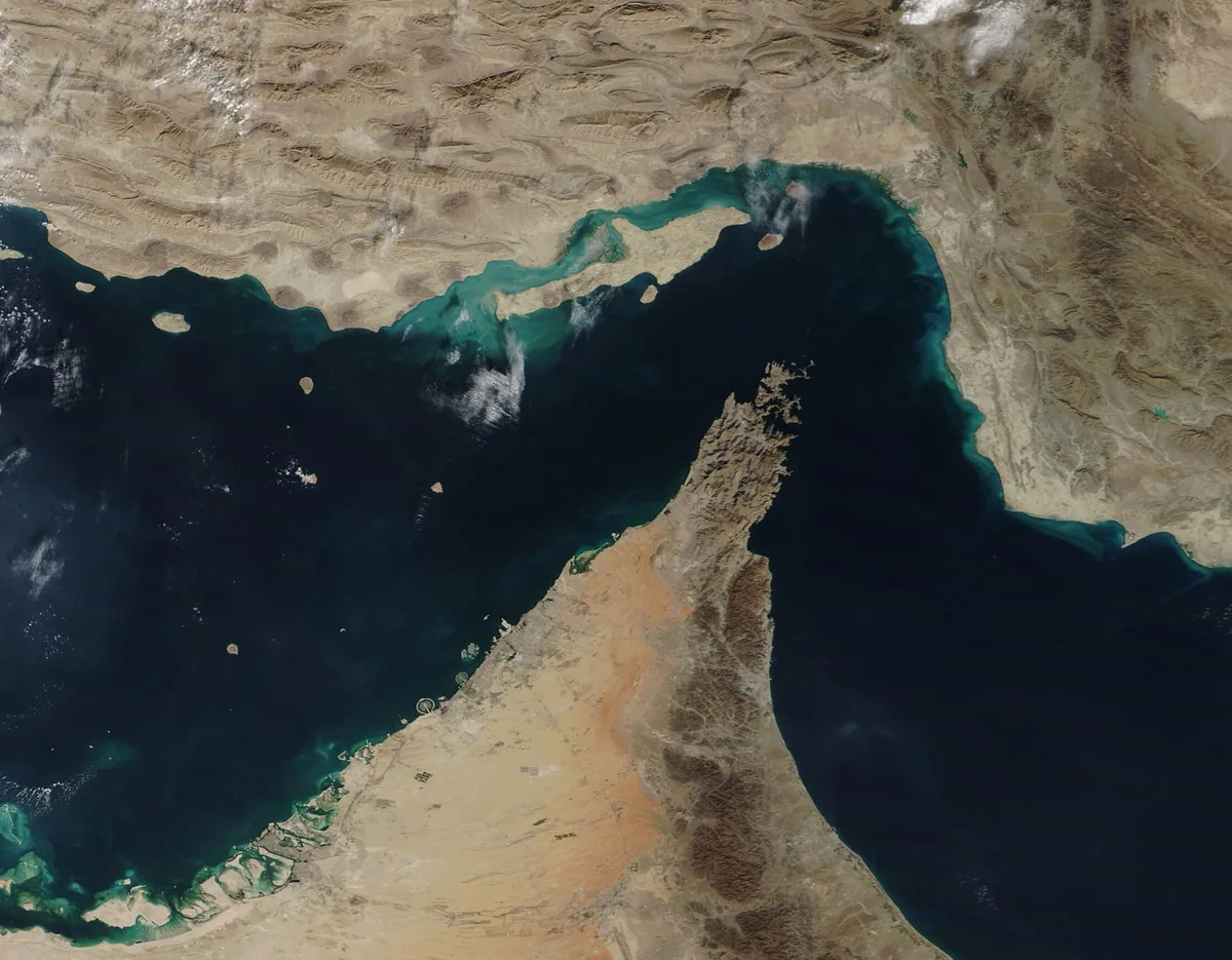 NASA satellite image of the Strait of Hormuz between the Persian Gulf and the Gulf of Oman