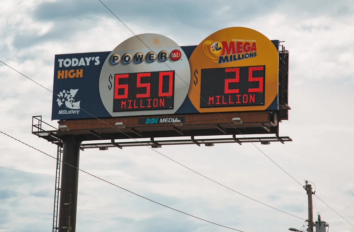 Billboard advertising the Powerball jackpot prize as it grows after no winner