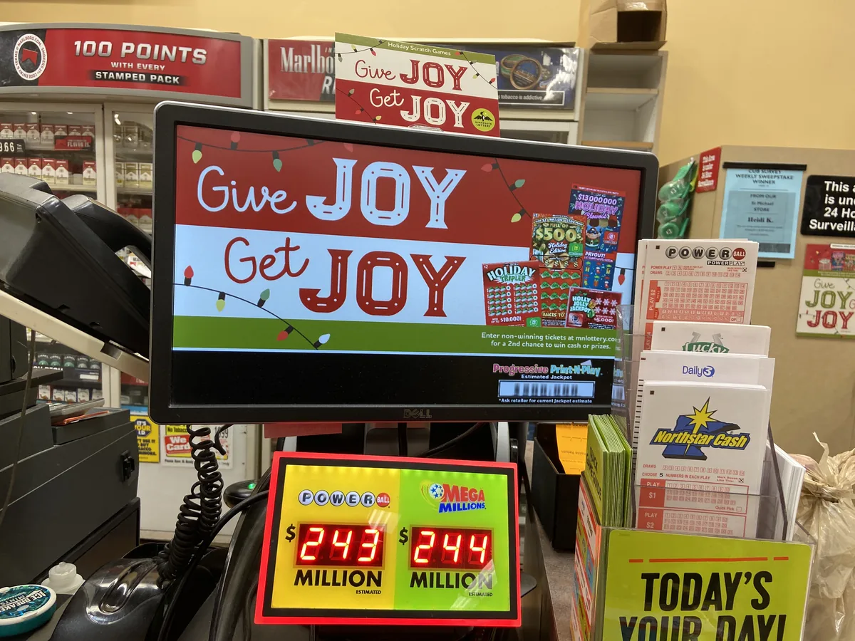 Lottery tickets and games on display at a Minnesota Lottery retailer