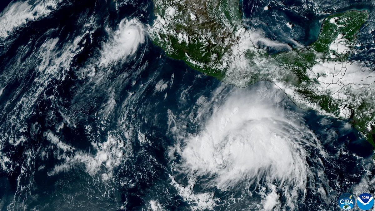 Satellite image showing Hurricane Simon and Tropical Storm Trudy near Mexico on October 13