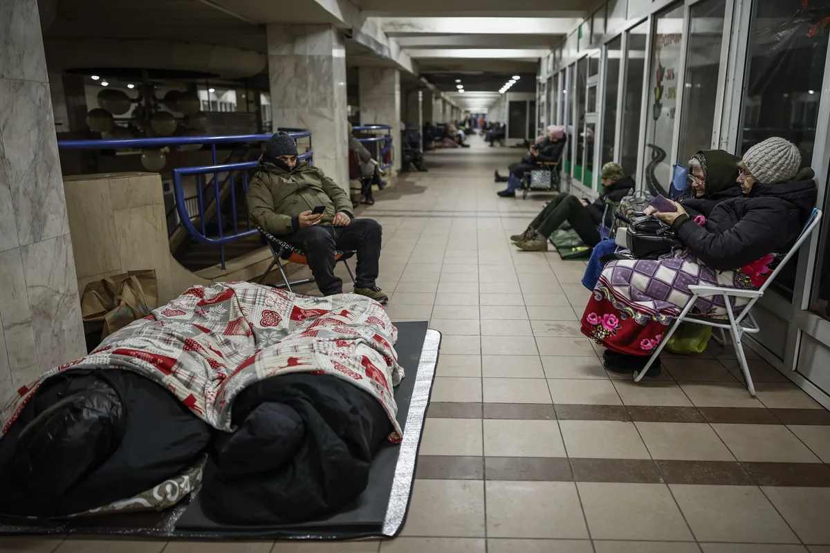 Commuters sheltering in the Kyiv Metro during an air alert after the Russian missile attack