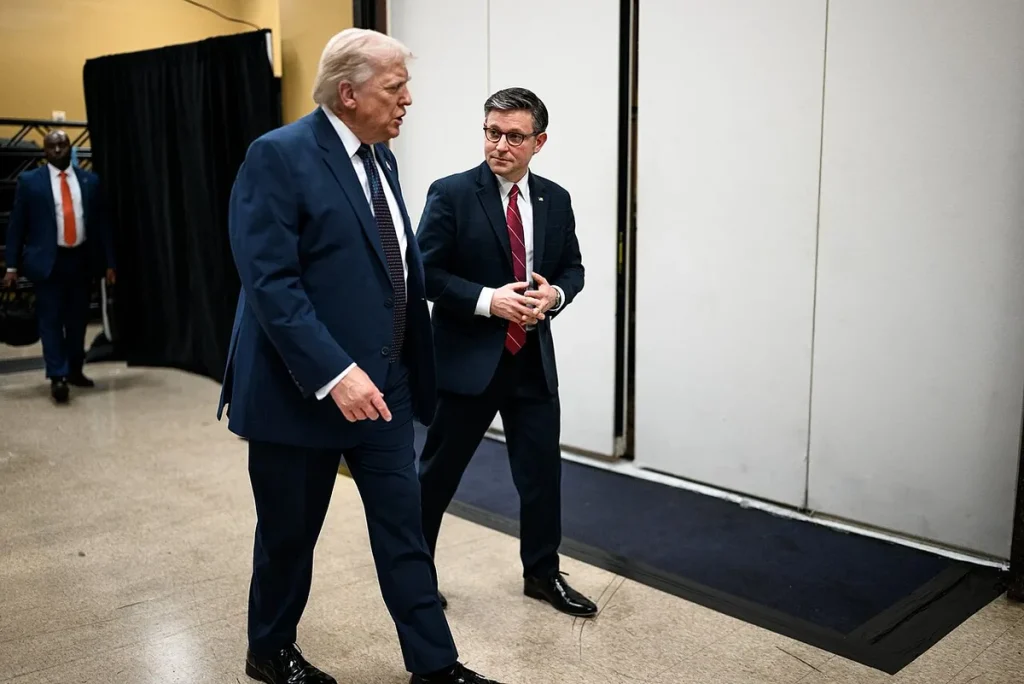 President Donald Trump with House Speaker Mike Johnson in Washington amid the US-Russia sanctions debate